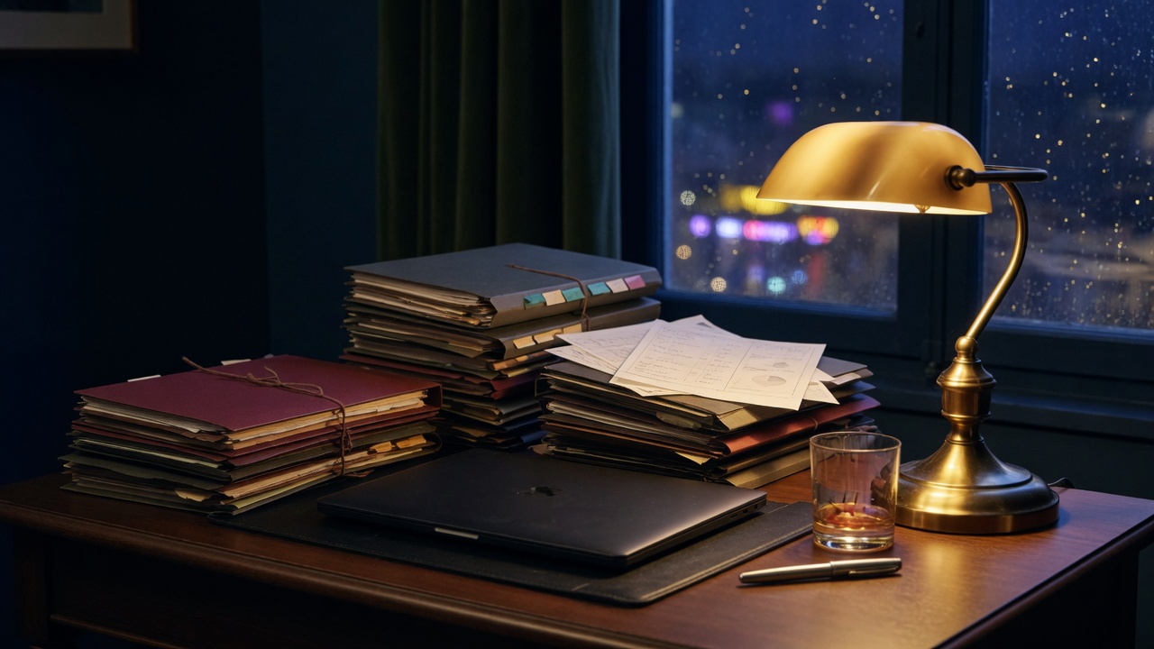 A study desk at night — stacked research folders, gold lamp, rain on the window.