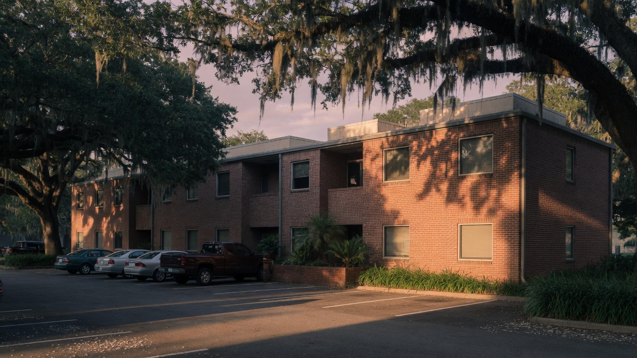 A brick office building under live oaks in coastal Louisiana.
