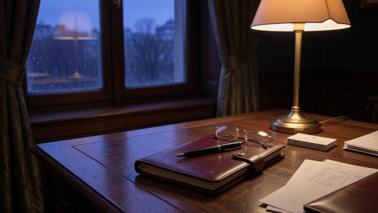 A planning desk at dusk — leather notebook, fountain pen, gold lamp.