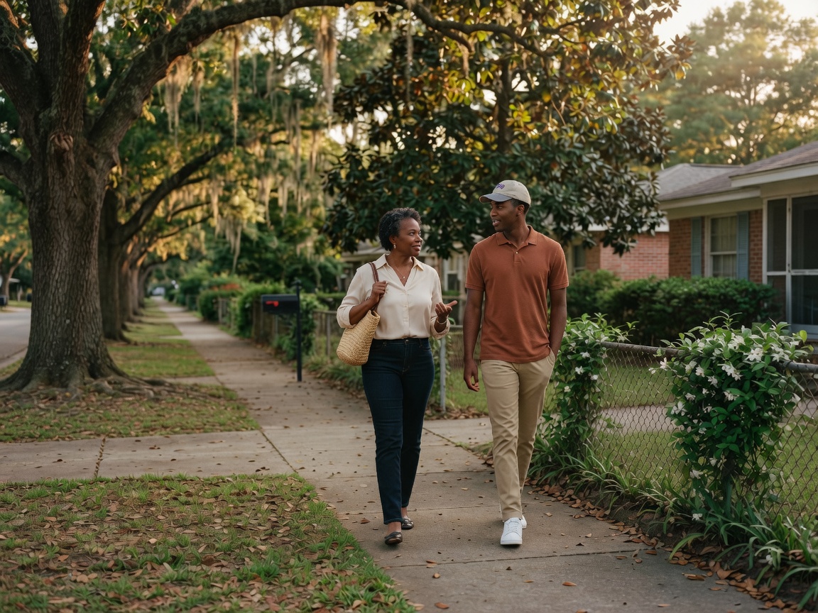 A parent and adult child walking together on a quiet Louisiana street.