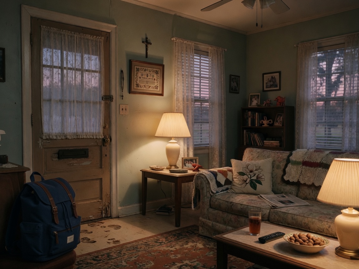 A Gulf South living room at dusk, backpack by the door, lamp still on.