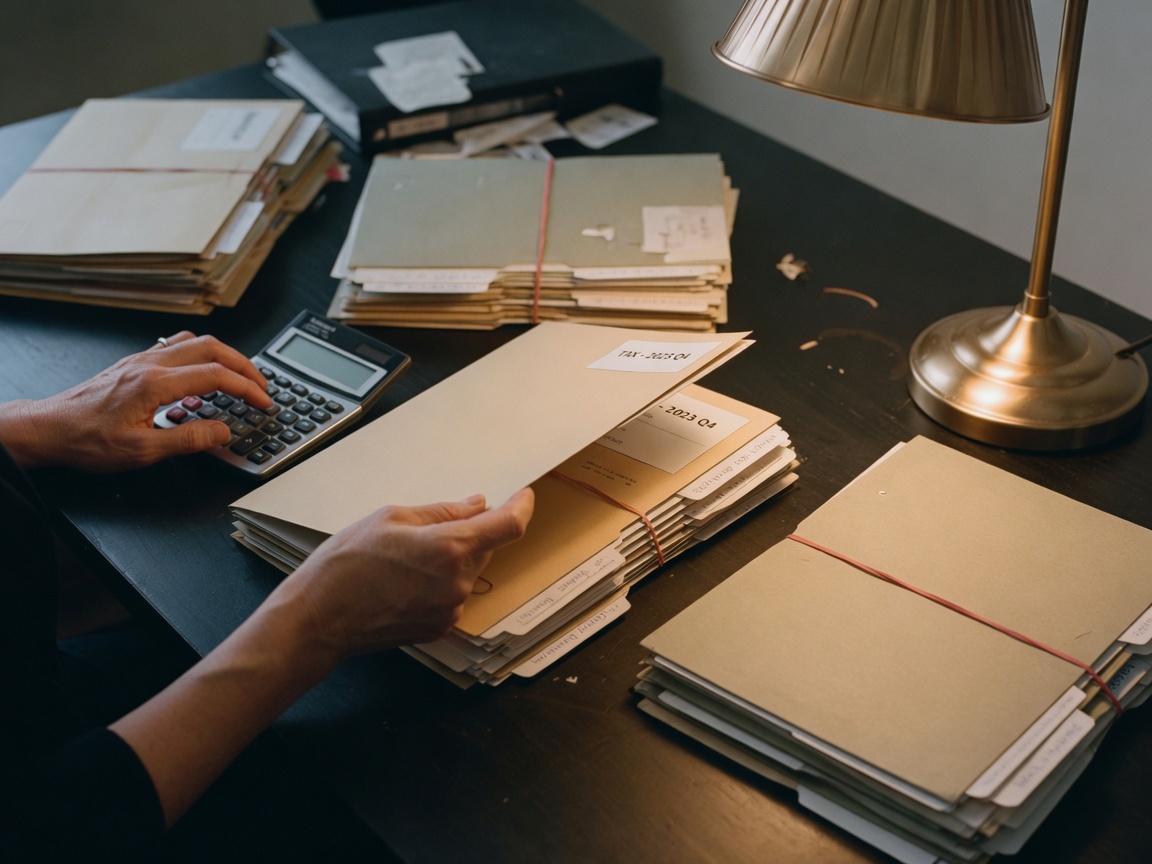 Hands reviewing tax folders under a gold desk lamp.