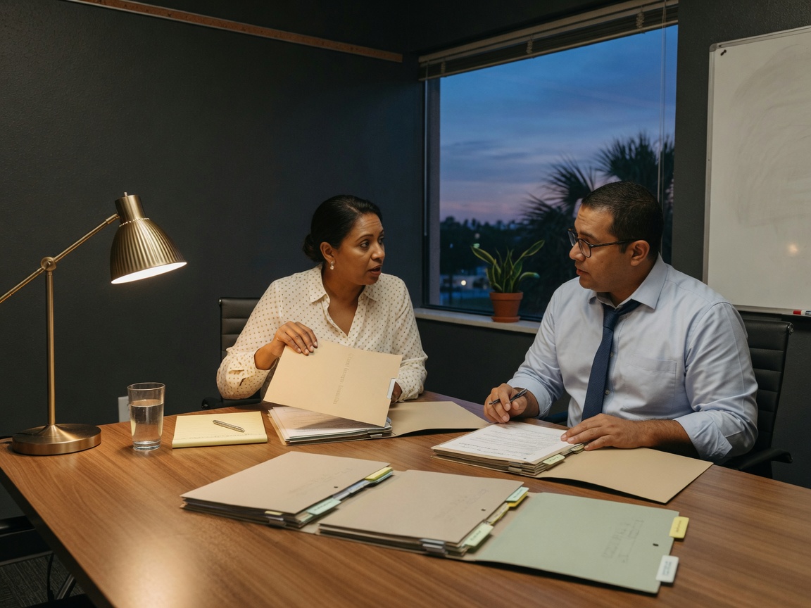Colleagues reviewing group benefits folders in a small-company office.